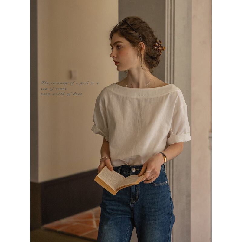 "Like the Wind, There Is a Message" Linen Lyocell Exquisite Casual Boat Neck Tie-Up Top, Reversible Short-Sleeve Blouse