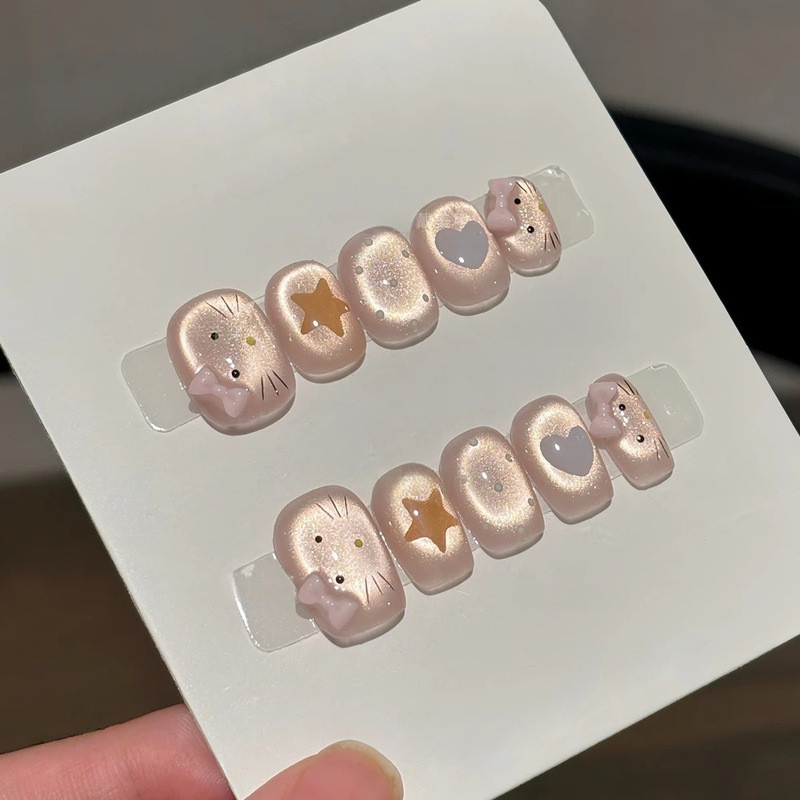 [Super Cute Kt Cat] Handmade Manicure Wearable Cat Cartoon Cute Sweet Bow Short Cat Eye Whitening