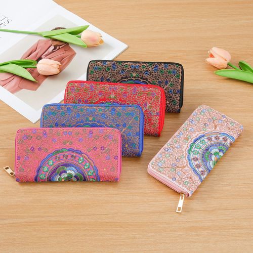 Embroidery Wallet Tourist Attractions Ethnic Style Handbag Single Pull Women's Wallet Embroidered Fabric Flower Bag Handbag 