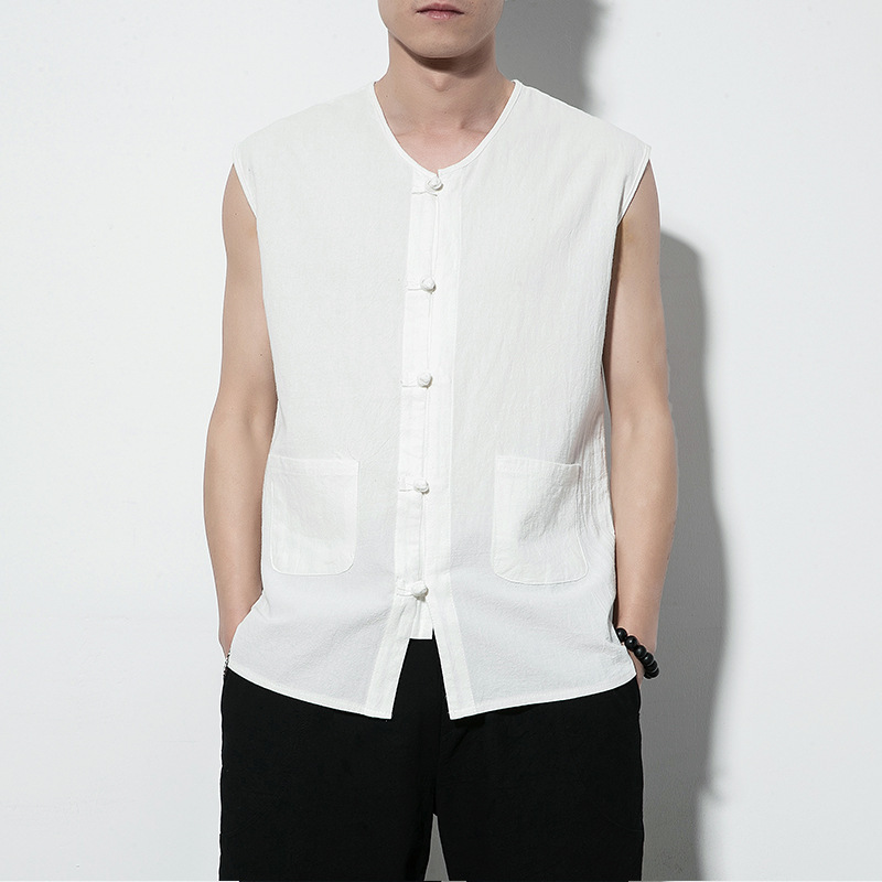 Summer Chinese Style Cotton and Linen Sleeveless Shirt Men's Loose Retro Disc Button Vest Undershirt Large Size Tang Suit Han Dynasty Vest