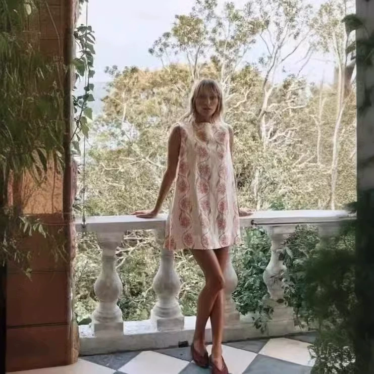 Трансграничная европейская и американская женская одежда AliExpress взрывное розовое цветочное платье без рукавов