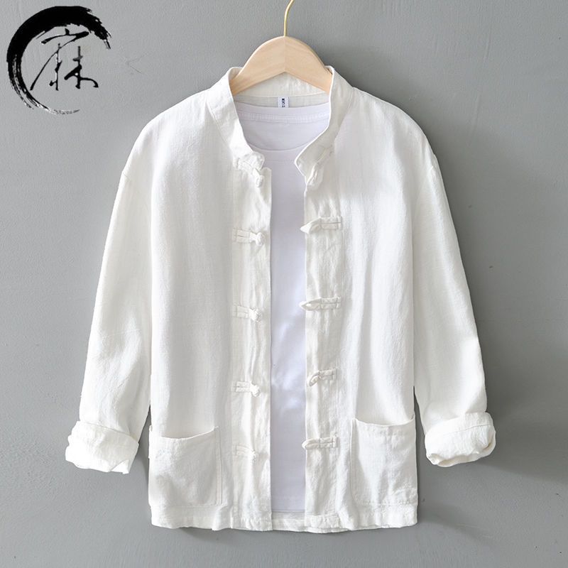 Men's Chinese-style retro-style long-sleeved cotton and linen shirt with stand-up collar and Chinese-style retro buttons, plus size ramie loose-fitting linen shirt