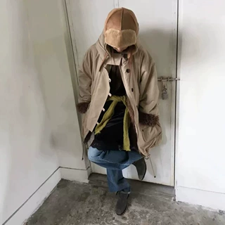 现货2025冬季新款韩版宽松工装风抽绳撞色大毛领中长款派克服外套