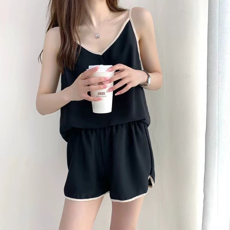 Spring, Summer, and Autumn Women's Pajamas, Ice Silk Sexy Camisole Nightgown, Shorts, Thin Two-Piece Set, Loungewear, Lazy Style