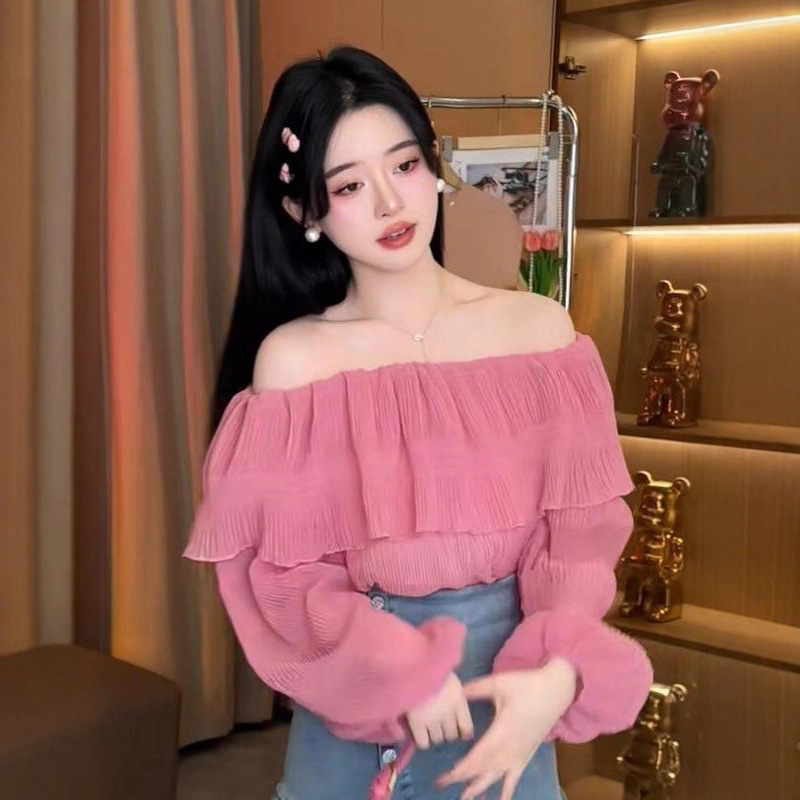 Trendy Versatile Off-Shoulder Long-Sleeve Top for Women, Summer New Ruffled Slim-Fit Wrinkle Chiffon Blouse