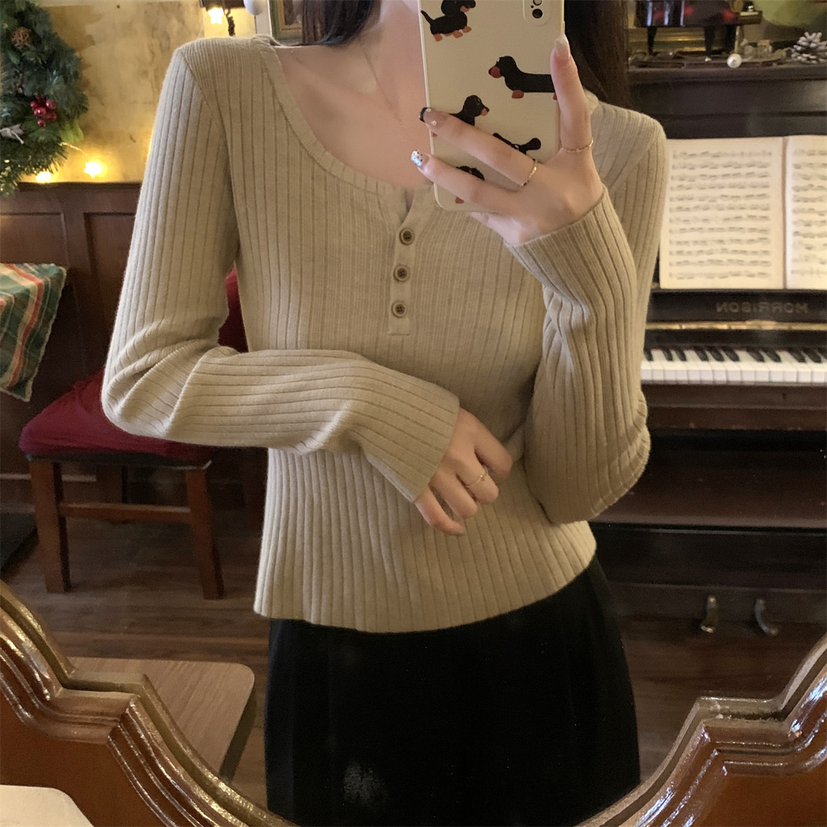 프랑스 스타일 스퀘어 칼라 버튼 니트 스웨터 가을과 겨울 한국 스타일 디자인 센스 내베이스 셔츠 스웨터 긴 소매 슬림 룩 탑