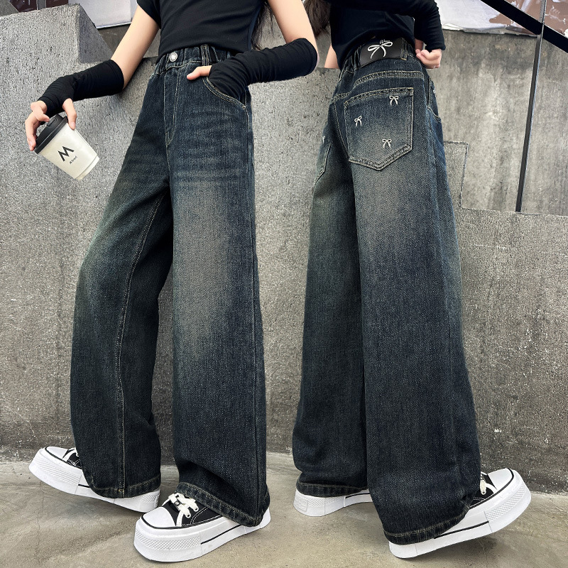 (2개) 소녀 가을 청바지 2024 새로운 스타일 중대형 어린이 가을 바지 어린이 봄과 가을 소녀 바지 넓은 다리 유행