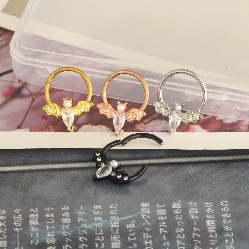 Halloween Bat Nose Ring Star Zircon Nose Stud Cartilage Earring Closed Ring Piercing Jewelry Rose Gold Stainless Steel detail image 8