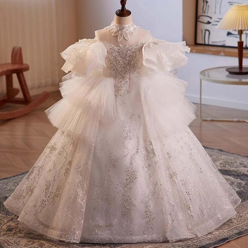 女童主持人禮服2024新款兒童婚紗蓬蓬中大童花童鋼琴演奏演出服裝