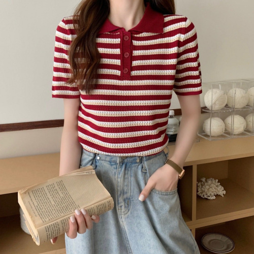 POLO Striped Knit T-Shirt for Women - Stylish Summer, Versatile, Slimming Short-Sleeve Top - High-End