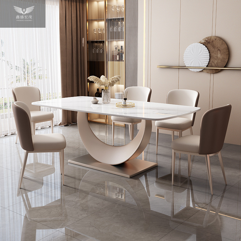 Mesa de comedor moderna de lujo ligera simple y europea, mesa de comedor de tabla de roca y silla combinada, mesa de comedor rectangular de piso grueso duradera y luminosa