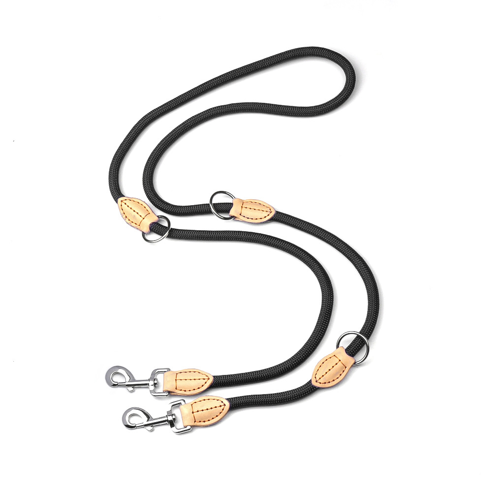 Transfronterizo caliente multifuncional de doble cabeza cuerda de tracción para mascotas costura cuero perro tracción ajustable tamaño crossbody cuerda para perros