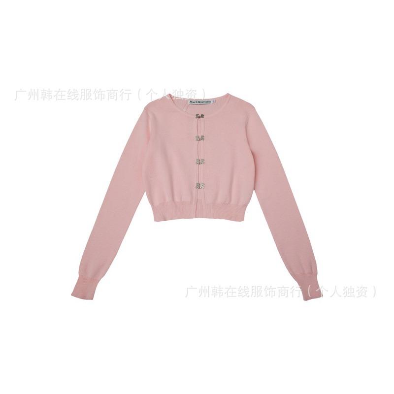 韩国restandrecreation新款rr夹设计扣短款针织开衫rr上衣女|undefined