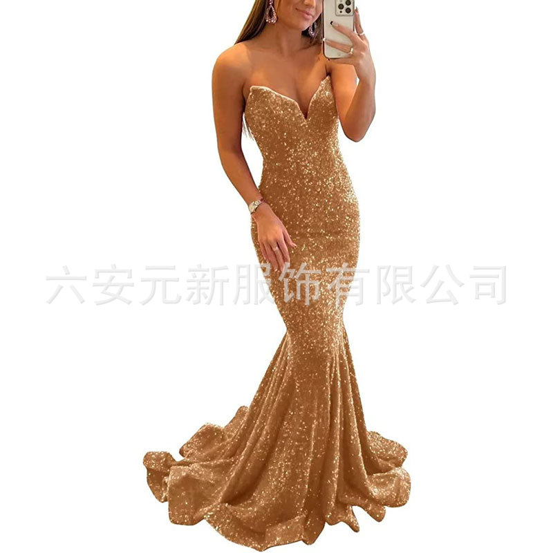 Europeo y americano Comercio exterior Amazon nuevo lentejuelas fishtail sexy V-cuello adelgazamiento largo banquete bola fiesta vestido de noche image 21