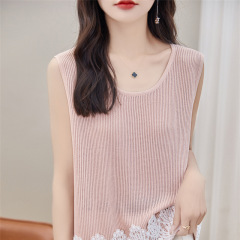 法式小眾重工蕾絲鈎花冰絲吊帶背心女後背紐扣設計感寬鬆無袖上衣