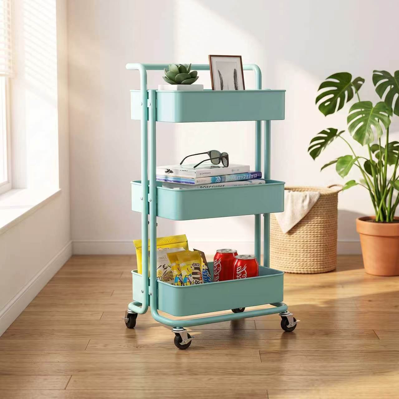 Household small trolley storage rack for living room and bedroom, storage rack for snacks, toys, and books, movable storage rack