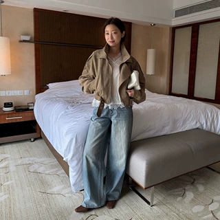 时简ACME 复古酷感仿麂皮短外套女秋新款翻领腰带机车风夹克92173