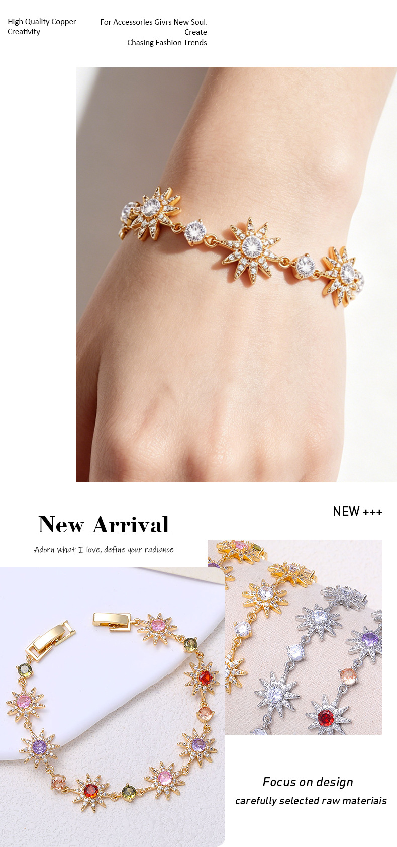Pulsera de girasol con circonita colorida para mujer ajustable_voghion.com