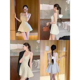 法式黑白波点方领吊带连衣裙气质收腰生日礼服裙女夏季优雅设计