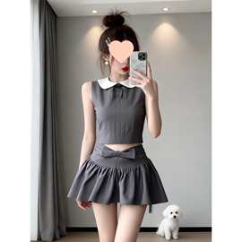 学院风套装夏季新款修身娃娃领辣妹撞色无袖背心上衣半身裙两件套