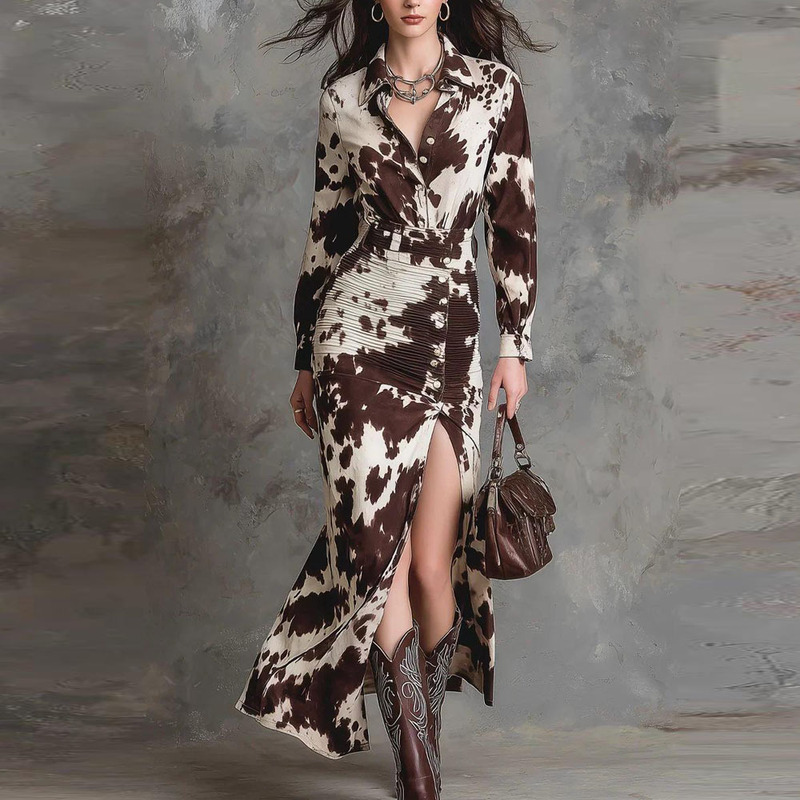 2025 Amazon Cross-Border Women's Autumn New Silk Satin Texture Animal Print Shirt Belt Mini Skirt