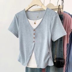 ブルー右肩フェイクツーピース半袖Tシャツ女性用2025年夏新デザインショートウエスト痩身トップ