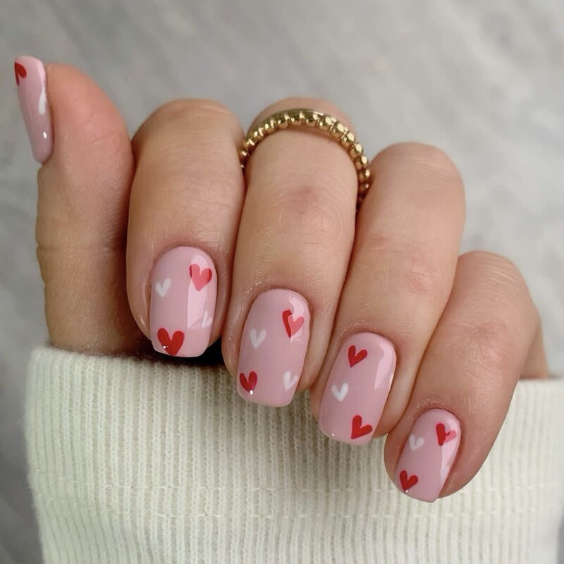Short glossy lovely red White pink French wear nail simple Valentine's Day wear nail beauty nail stickers 24 pieces