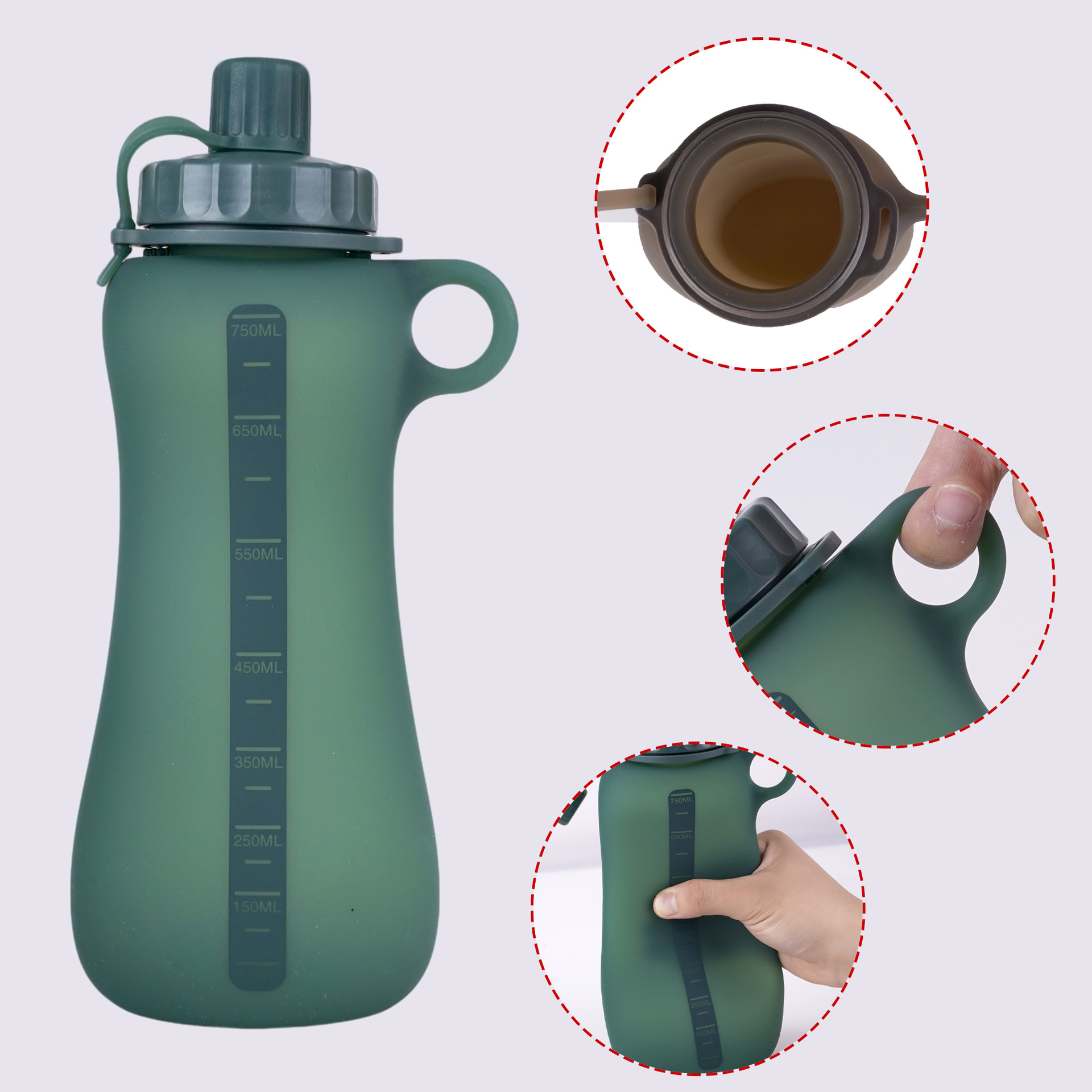 Botella de agua de silicona deportiva al aire libre de gran capacidad de 750ml de montaña de viaje en bicicleta taza de agua recta con botella de almacenamiento de agua de mano