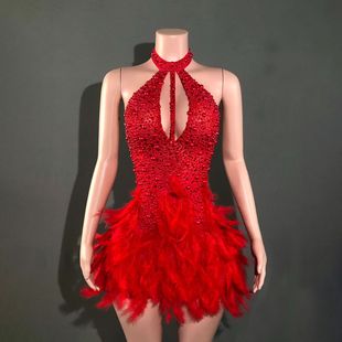 Cute Sexy Short Skirt Multi-color Skirt Feather Hanging Neck Backless dress Stage Performance Clothing Hanging Neck