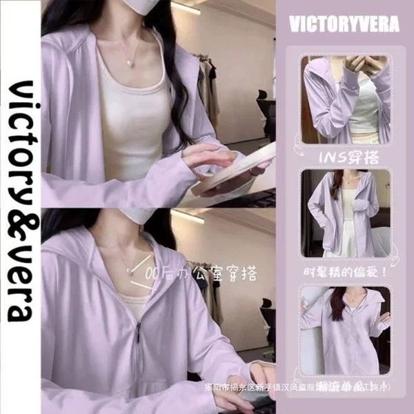 2026 New Blue Hooded Sunscreen Jacket for Women, Summer Ice Silk Cool Sunscreen Clothing, Versatile Casual Top