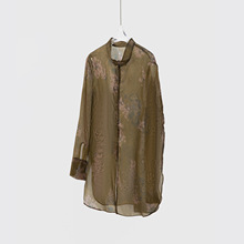 真丝欧根纱印花上衣微透暗扣长袖国风立领罩衫100桑蚕丝外套