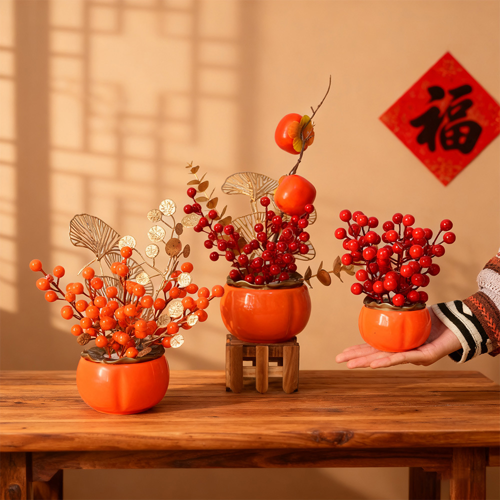 Flores de imitación de flores de fruta de riqueza de vacaciones de Año Nuevo decoración de casa de boda barril de caqui ornamentos de decoración de decoración