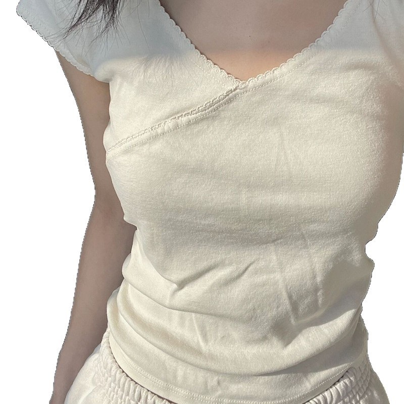 Pure Desire バレエスタイルホワイト V ネックショルダー半袖 Tシャツ女性のための夏 2025 新しいスリムフィットホットガールショートトップ|undefined