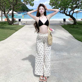 夏日感度假慵懒高级简约百搭撞色泳衣黑色比基尼三件套加沙滩长裤