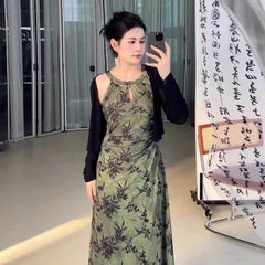 プラスサイズの新しい中国風のホルターネックチャイナドレススーツ女性のための夏のファットmmスリムカーディガン竹柄ロングスカート2点セット