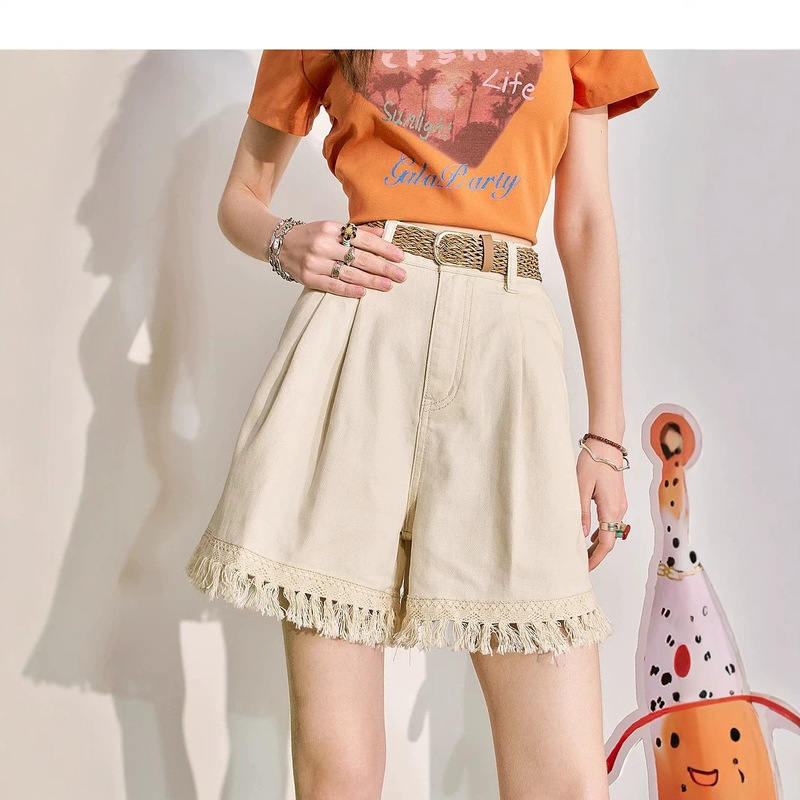 In-Stock Matching Style: White Tassel High-Waisted Casual Shorts for Women, 2026 Summer New Style, Petite Slim-Fit Five-Point Shorts