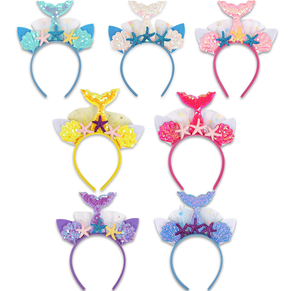 Círculos animados sirena cabello de niños sequilla cola de pez princesa toque de cabeza decoración de fiesta mar estrellas de mar conchas de cabeza de aro
