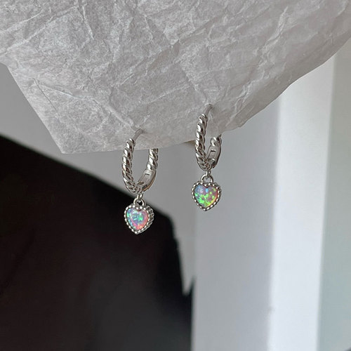 Qianjiatong body S925 sterling silver opal stone love pendant twist ear hoop earrings temperament small earrings ear buckle for women