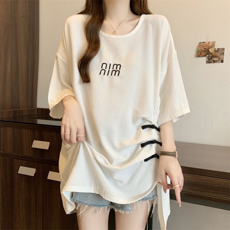 Nueva camiseta de manga corta con hebilla de disco de estilo nacional chino para mujer verano nuevo estilo suelto y delgado top de lentejuelas con pliegues irregulares para mujer ins