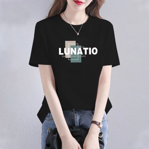 100% Pure Cotton 2025 Summer New Black Short-Sleeve T-Shirt for Women, Plus Size, Slimming Medium-Length Hip-Hiding Top