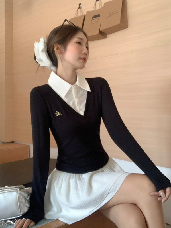 假两件POLO领拼接撞色长袖T恤女2025年秋季新款辣妹修身刺绣上衣|undefined