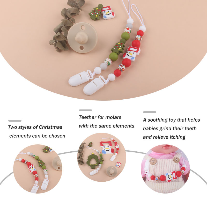 Nuevo bebé suministros Navidad serie pequeño mordedor DIY chupete cadena Santa Claus impreso cuentas de silicona teether
