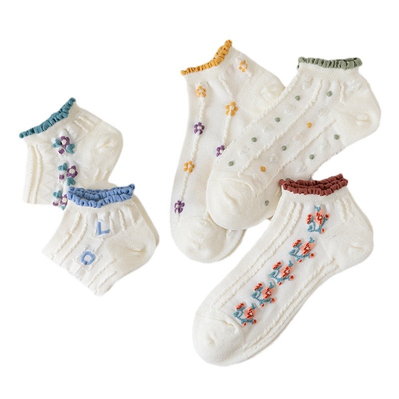 Calcetines de verano, calcetines de mujer, boca fina, encaje lindo, dulce estudiante, corte bajo, calcetines de barco florales pequeños de primavera, marea femenina