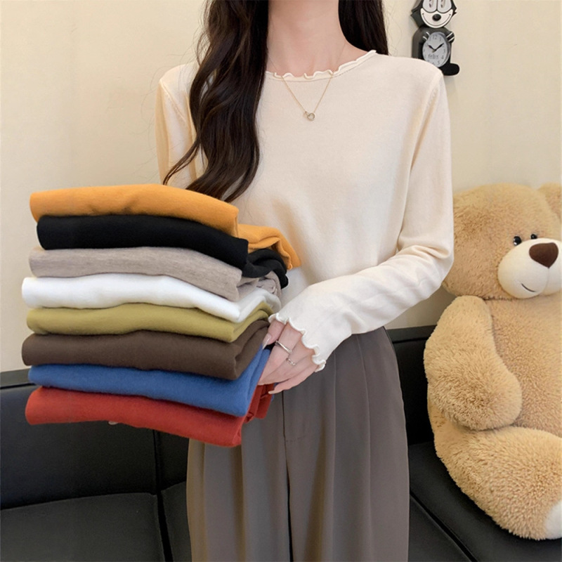 简约圆领木耳边针织毛衣女秋冬季长袖纯色内搭韩版显瘦打底上衣|undefined