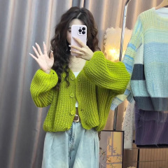 春秋2025新款针织开衫上衣女韩版灯笼袖温柔风长袖小个子短款外套