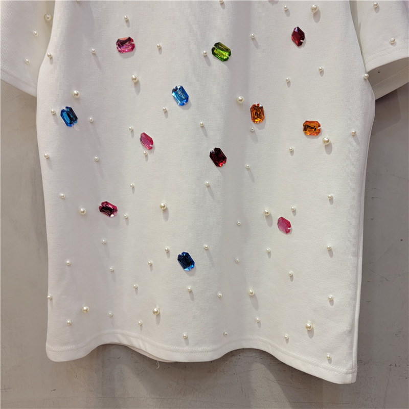 Camiseta de Manga Corta con Pedrería y Cuentas Cuello Redondo