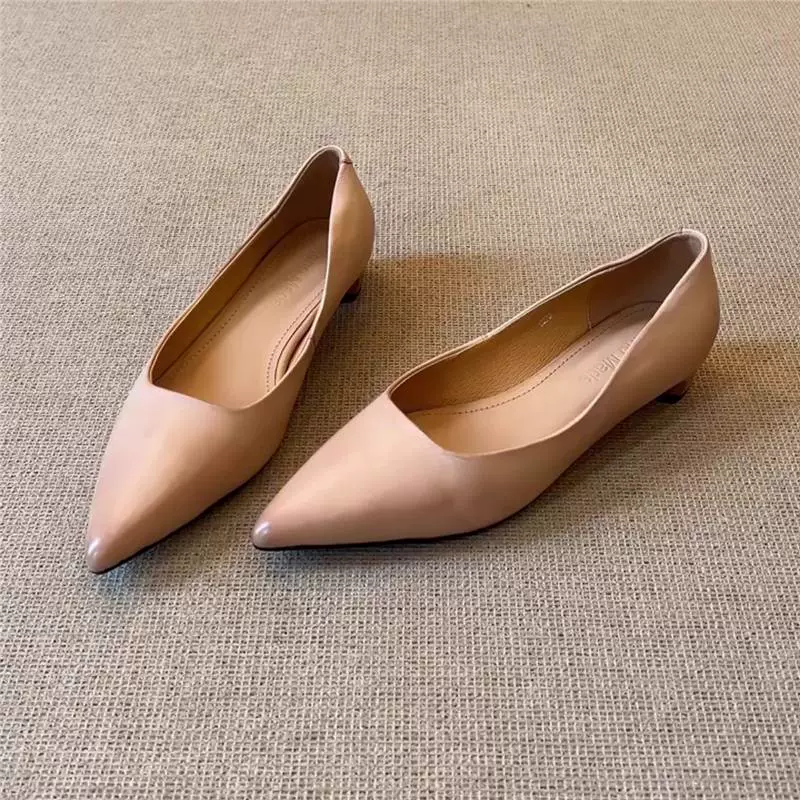 Версия из овчины ~ элегантные туфли в стиле ретро с острым носком, универсальные французские туфли-лодочки телесного цвета из лакированной кожи на низком каблуке