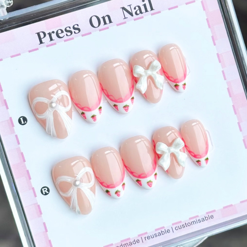 French-Style Strawberry 3D Bowknot Ins White Women's Short Almond-Shaped Foreign Trade Nail Stickers
