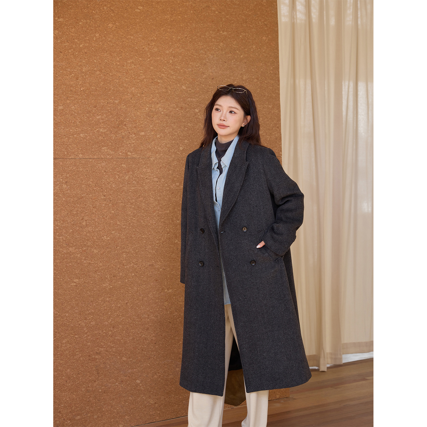 大码女装宽松休闲人字纹韩版长款大衣女秋冬百搭穿搭时尚显瘦外套