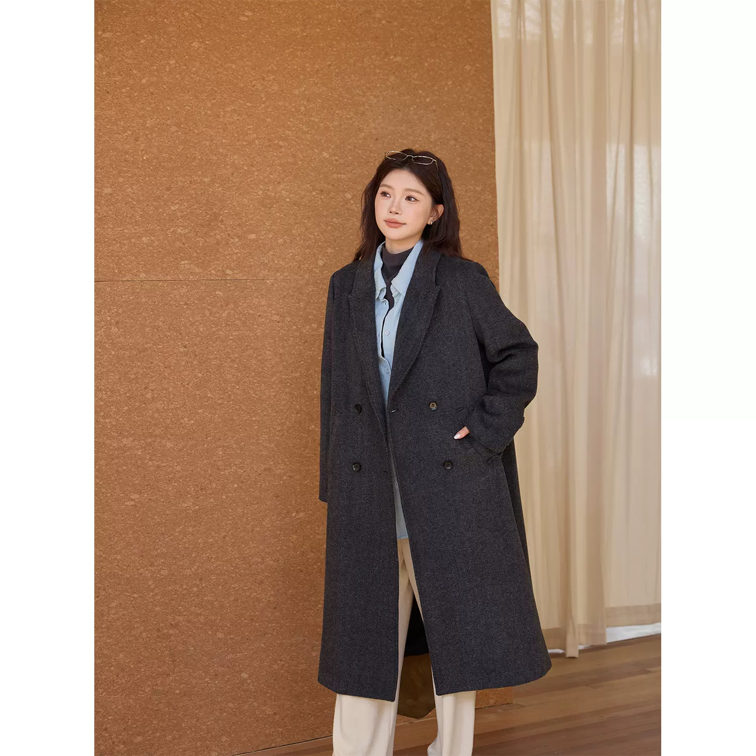 大码女装宽松休闲人字纹韩版长款大衣女秋冬百搭穿搭时尚显瘦外套